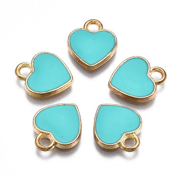 Alloy Enamel Charms, Heart, Light Gold, Dark Turquoise, 12x10x2mm, Hole: 2mm