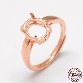 Adjustable 925 Sterling Silver Finger Ring Components, Oval, Rose Gold, Tray: 10x8mm, 17mm
