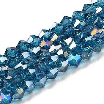 Transparent Electroplate Glass Beads Strands, AB Color Plated, Faceted, Bicone, Steel Blue, 2.9~3.3x2.5mm, Hole: 0.7mm, about 145~150pcs/strand, 16.34~16.54 inch(41.5~42cm)