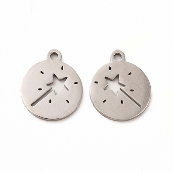 201 Stainless Steel Charms, Flat Round with Star Magic Stick, Stainless Steel Color, 14x11.5x1mm, Hole: 1mm
