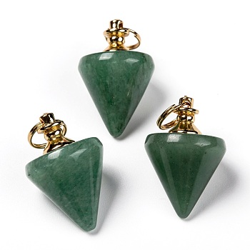 Natural Green Aventurine Pendants, with Golden Plated Brasss Findings, Cone Pendulum, 31x20x20mm, Jump Ring: 10x1.5mm, Inner Diameter: 9mm