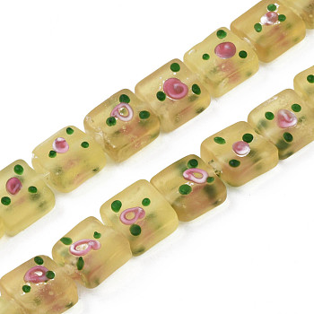 Handmade Frosted Lampwork Beads Strands, Square with Flower, Pale Goldenrod, 13~14.5x12~13x7~9mm, Hole: 1.5mm, about 35pcs/strand, 17.72 inch(45cm)