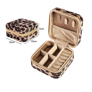 Mini Square Velvet Jewelry Set Organizer Case, Leopard Print Jewelry Zipper Boxes for Earrings, Rings, Necklaces, Camel, 10x10x5cm