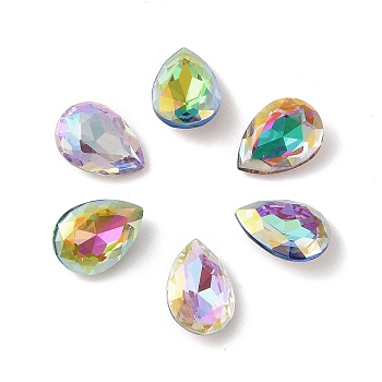 Glass Rhinestone Cabochons, Flat Back & Back Plated, Faceted, Teardrop, Mixed Color, 14x10x5.5mm