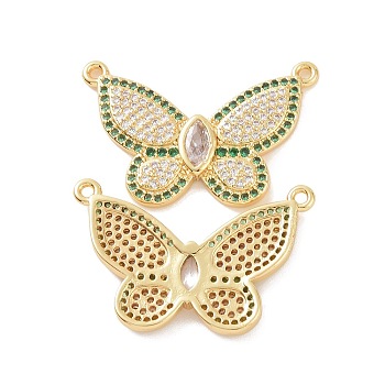Brass Micro Pave Cubic Zirconia 2-Loop Pendants, Butterfly Charm, Golden, Green, 18x18x3mm, Hole: 1.2mm