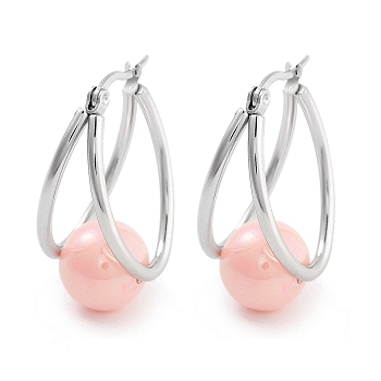 304 Stainless Steel & Plastic Imitation Pearl Oval with Ball Hoop Earrings for Women, with 316 Stainless Steel Pins, Light Salmon, 32x15.5x19.5mm