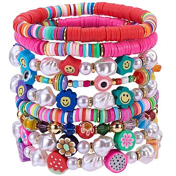 Flower Fruit Theme Beads Stretch Bracelets Set, Smiling Face Evil Eye Bracelets, Imitated Pearl & Non-magnetic Synthetic Hematite Beads Energy Bracelets, Polymer Clay Heishi Bracelets for Summer Vacation, Mixed Color, Inner Diameter: 2-1/8 inch(5.5cm), 9pcs/set