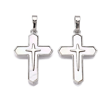 Brass & Shell Pendants, Cross Charms, Platinum, 24.5x16x2mm, Hole: 6x3.5mm