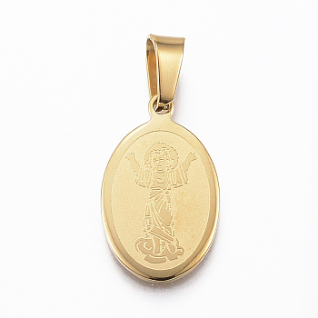 304 Stainless Steel Pendants, Oval with Divine Child Jesus, Golden, 21x13x1.2mm, Hole: 4x7mm