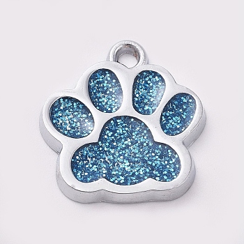 Alloy Enamel Charms, with Glitter Powder, Dog Paw Prints, Platinum, Steel Blue, 17.7x16.6x2mm, Hole: 2mm