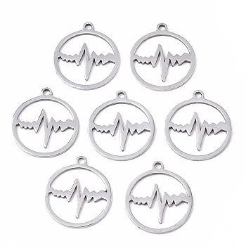 201 Stainless Steel Pendants, Laser Cut, Ring with Heartbeat, Stainless Steel Color, 17x15x1mm, Hole: 1.4mm