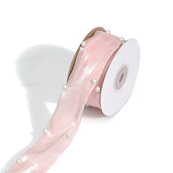 4.5M Polyester Ribbon, with Plastic Imitation Pearl, for DIY Veils Blushers Fascinators, Stage Set, Bowknot Making, Pink, 1-5/8 inch(40mm), about 4.92 Yards(4.5m)/Roll