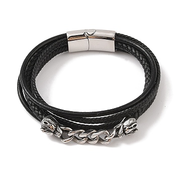 Braided Microfiber Leather Multi-strand Bracelets, 304 Stainless Steel Bracelets for Men, Wolf, 8-1/2x7/8 inch(21.5x2.3cm), Pendant: 55x9.6mm.