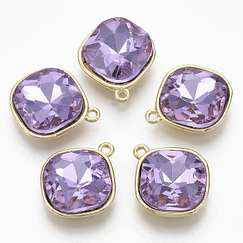 Golden Plated Alloy Pendants, with Glass Rhinestone, Rhombus, Lilac, 18x15x5mm, Hole: 1.4mm