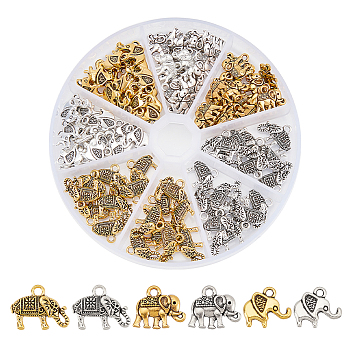 Elite 96pcs 6 style Tibetan Style Alloy Pendants, Elephant, Antique Silver & Antique Golden, 11~13x8.5~17x1.5~3.5mm, Hole: 1~2mm, 16pcs/style