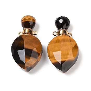 Natural Tiger Eye Faceted Teardrop Bottle Pendants, Openable Perfume Bottle Charms, with Golden Tone 304 Stainless Steel Findings, 36.5x19x11mm, Hole: 1.8mm