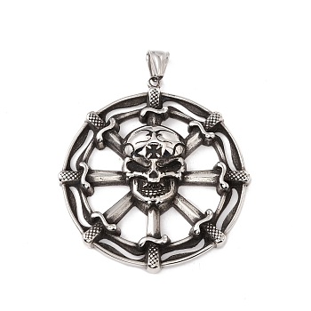 304 Stainless Steel Pendants, Flat Round with Skull, Antique Silver, 62x58x9.5mm, Hole: 8x4mm