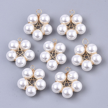 Handmade Wire Wrapped Pendants, with ABS Plastic Imitation Pearl Beads and Light Gold Plated Brass Findings, Flower, Creamy White, 24~25x20~23x8mm, Hole: 2~4mm