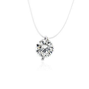 Alloy Clear Cubic Zirconia Flat Round Pendant Necklaces for Women, Platinum, 16.93 inch(43cm)