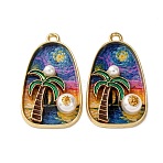 Printed Alloy Enamel Pendants, Oval & Coconut Tree Shape Charms, with ABS Imitation Pearl and Glitter Powder, Rack Plating, Light Gold, Colorful, 31x18x6.5mm, Hole: 2mm(ENAM-B028-14KCG)