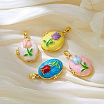 Brass Enamel Locket Pendants, Oval Charms, Golden, Flower, 22x17x8.5mm, Hole: 5x2.5~3mm, Inner Diameter: 16.5~17x12~13mm(KK-F923-03B-G)