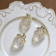 Resin Imitation Fruit Pendants, Fruit Charms with Golden Tone Brass Leaf, Strawberry Pattern, 28x25mm(INS-PW0001-01B)