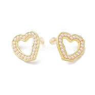 Plastic Imitation Pearl Beaded Hollow Out Heart Stud Earrings, Rack Plating Brass Jewelry for Women, Lead Free & Cadmium Free, Real 18K Gold Plated, 19x20mm, Pin: 1mm(EJEW-F306-02G)