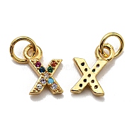 Brass Micro Pave Colorful Cubic Zirconia Charms, Golden, Letter.X, 8.5~9x1.8~9.5x2mm, Hole: 3mm(ZIRC-F092-01-X)