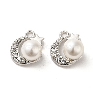 Alloy with Rhinestone Pendants, with ABS Imitation Pearl, Moon Charms, Platinum, 18.5x16x11.5mm, Hole: 2.2mm(FIND-B032-10P)