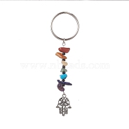 Natural Gemstone Chips Keychains, Alloy Charms Keychains with Iron Split Key Rings, Hamsa Hand, 9.4cm, Charm: 20.5x15x1mm(KEYC-JKC00474-04)