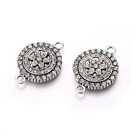 Alloy Links Connectors, with Crystal Rhinestone, Flat Round with Flower, Antique Silver, 31x21x4mm, Hole: 3mm(RB-L081-01AS)