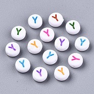 Opaque White Acrylic Beads, Flat Round with Mixed Color Letter, Letter.Y, 7x3.5mm, Hole: 1.2mm, about 4000pcs/500g(MACR-N012-01Y)