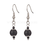 Synthetic Black Stone & Glass Round Beaded Dangle Earrings, Brass Jewelry for Women, Platinum, 37mm, Pin: 0.7mm(EJEW-JE05163)