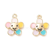 Rack Plating Brass Enamel Charms, Cadmium Free & Lead Free, Flower with Smiling Face, Real 18K Gold Plated, 12x10x2mm, Hole: 1mm(KK-C243-01G)