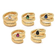 Cubic Zirconia Teardrop Cuff Rings, Rack Plating Real 18K Gold Plated Brass Wrap Ring, Cadmium Free & Lead Free, Mixed Color, US Size 8 1/2(18.5mm)(RJEW-G294-01G)