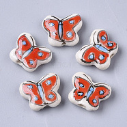 Handmade Porcelain Beads, Famille Rose Style, Butterfly, Red, 13~14x16~17x5.5mm, Hole: 1.5~1.8mm(PORC-N004-19A)