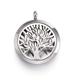 304 Stainless Steel Diffuser Locket Pendants, with Perfume Pad and Magnetic Clasps, Flat Round with Tree of Life, Gray, 36.5~37x30x6.5~7mm, Hole: 5mm(X-STAS-D157-21C)