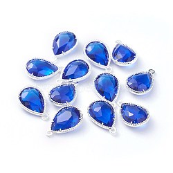 Glass Pendants, with Eco-Friendly Alloy Open Back Berzel Findings, Faceted, teardrop, Silver Color Plated, Blue, 18x12x5mm, Hole: 1.4mm(X-GLAA-A037-G-01S)