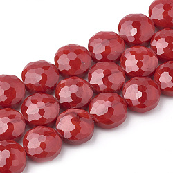 Opaque Solid Color Glass Beads Strands, Faceted, Flat Round, Red, 14x8mm, Hole: 1~1.2mm, about 25pcs/strand, 13.77 inch(35cm)(GLAA-N032-05D)