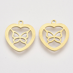 201 Stainless Steel Pendants, Laser Cut Pendants, Heart with Butterfly, Golden, 18x16x1mm, Hole: 1.4mm(STAS-S110-007G)