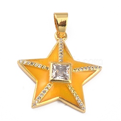 Brass Micro Pave Clear Cubic Zirconia Pendants, with Enamel, Long-Lasting Plated, Real 18K Gold Plated, Star, Orange, 25.5x24.5x5mm, Hole: 3.5x5.5mm(ZIRC-J025-30G-02)