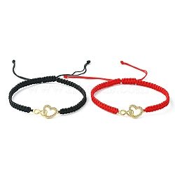 2Pcs 2 Color Infinity & Heart Brass Micro Pave Clear Cubic Zirconia Link Bracelets Set, Nylon Thread Braided Couple Bracelets for Valentine's Day, Mixed Color, Inner Diameter: 2-3/8~3-3/8 inch(5.9cm), 1Pc/color(BJEW-TA00292)