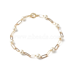 Glass Pearl Beaded Necklaces, with Iron Paperclip Chains, Golden, White, 16.30 inch(41.4cm)(X1-NJEW-TA00005)