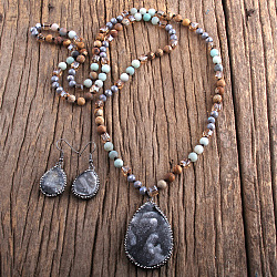 Teardrop Bohemian Style Glass with Natural Picture Jasper Pendant Necklace & Dangle Earrings Sets, Gunmetal, Gray, 860~880mm(FS-WG0DE9F-04)