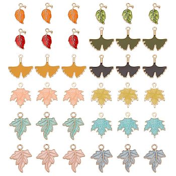 48Pcs 12 Style Zinc Alloy Pendants, with Enamel, Ginkgo Leaf & Maple Leaf, Mixed Color, 20~25.5x10~22.5x2mm, Hole: 1.5~2.7mm, 4pcs/style
