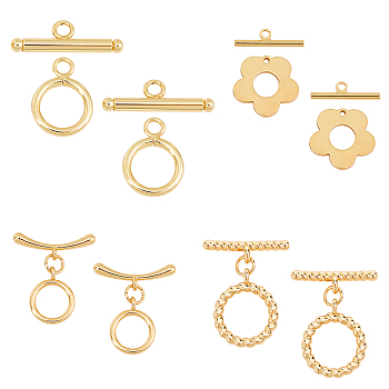 8Sets 4 Style Brass Toggle Clasps, Twist Ring & Ring & Flower , Real 18K Gold Plated, 18x14.5x4mm, Hole: 2mm