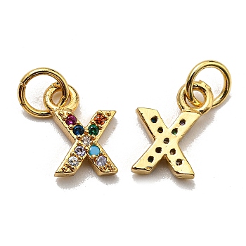 Brass Micro Pave Colorful Cubic Zirconia Charms, Golden, Letter.X, 8.5~9x1.8~9.5x2mm, Hole: 3mm