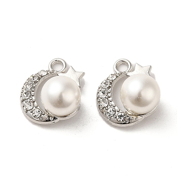 Alloy with Rhinestone Pendants, with ABS Imitation Pearl, Moon Charms, Platinum, 18.5x16x11.5mm, Hole: 2.2mm