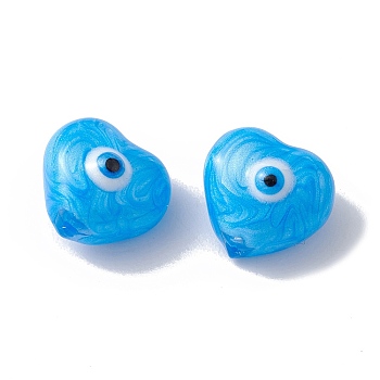 Glass Beads, with Enamel, Heart with Evil Eye Pattern, Deep Sky Blue, 10.5x11x7mm, Hole: 1mm