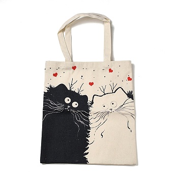 Printed Canvas Women's Tote Bags, with Handle, Shoulder Bags for Shopping, Rectangle with Cat Pattern, Wheat, 61cm